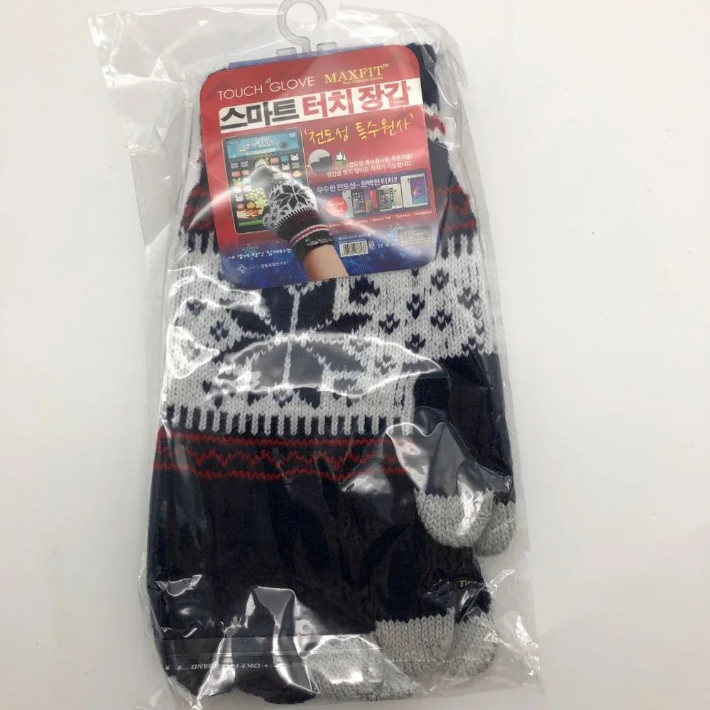 Hansun Smart Touch Winter Gloves Unisex One Size Navy‎ Fair Isle Korean Knit